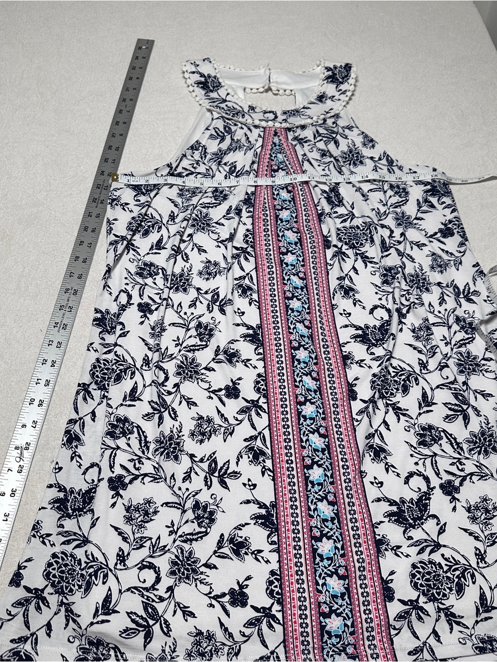 Three Pink Hearts White Floral Halter with Red & Navy Center Panel - Picture 2 of 10